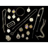 Fifteen early 20th century and later silver fob medallions, silver watch chains, silver bangle and b