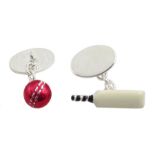 Pair of silver and enamel cricket bat and ball cufflinks, hallmarked