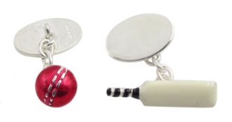 Pair of silver and enamel cricket bat and ball cufflinks, hallmarked