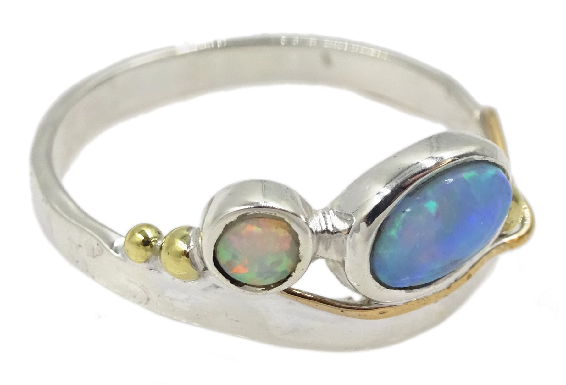 Silver and 14ct gold wire opal ring, stamped 925 - Image 2 of 5
