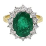 18ct gold oval emerald and diamond cluster ring, hallmarked, emerald 3.00 carat, total diamond weigh