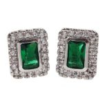 Pair of silver cubic zirconia and green stone stud earrings, stamped 925