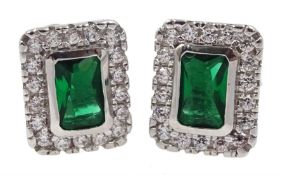 Pair of silver cubic zirconia and green stone stud earrings, stamped 925