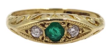 9ct gold three stone emerald and diamond ring, hallmarked