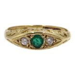 9ct gold three stone emerald and diamond ring, hallmarked