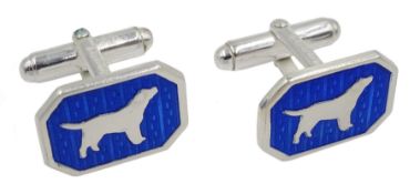 Pair of silver and blue enamel dog cufflinks, hallmarked