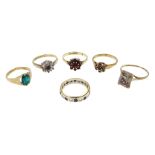 Gold sapphire cluster ring, garnet cluster ring and three other stone set rings, all 9ct hallmarked