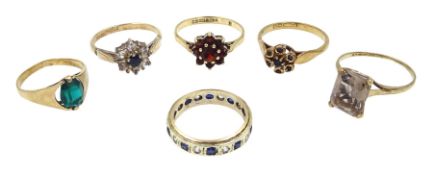 Gold sapphire cluster ring, garnet cluster ring and three other stone set rings, all 9ct hallmarked