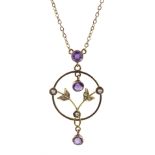 Edwardian 9ct gold amethyst and seed pearl pendant necklace