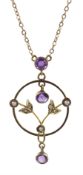 Edwardian 9ct gold amethyst and seed pearl pendant necklace