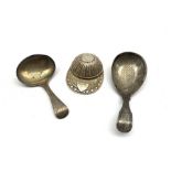 Modern engraved silver jockey cap caddy spoon by Francis Howard Ltd, George III silver fiddle patte