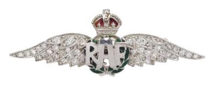 Platinum diamond and enamel RAF brooch, stamped P T