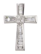 18ct white gold baguette and round brilliant cut diamond cross pendant, hallmarked
