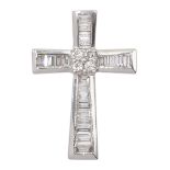 18ct white gold baguette and round brilliant cut diamond cross pendant, hallmarked