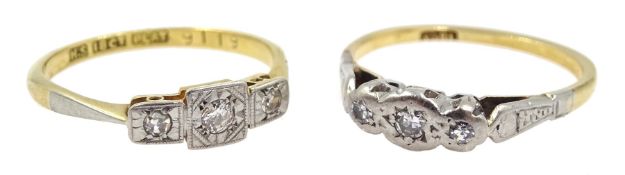 Gold three stone old cut diamond ring, square setting, stamped 18ct Plat and one other three stone d