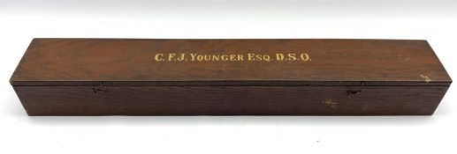 Oak arrow box, with divided interior, inscribed to 'C.F.J. Younger Esq. D.S.O.', L75cm