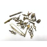Number of pocket watch keys, pinchbeck seal, miniature silver seal top propelling pencil, other penc