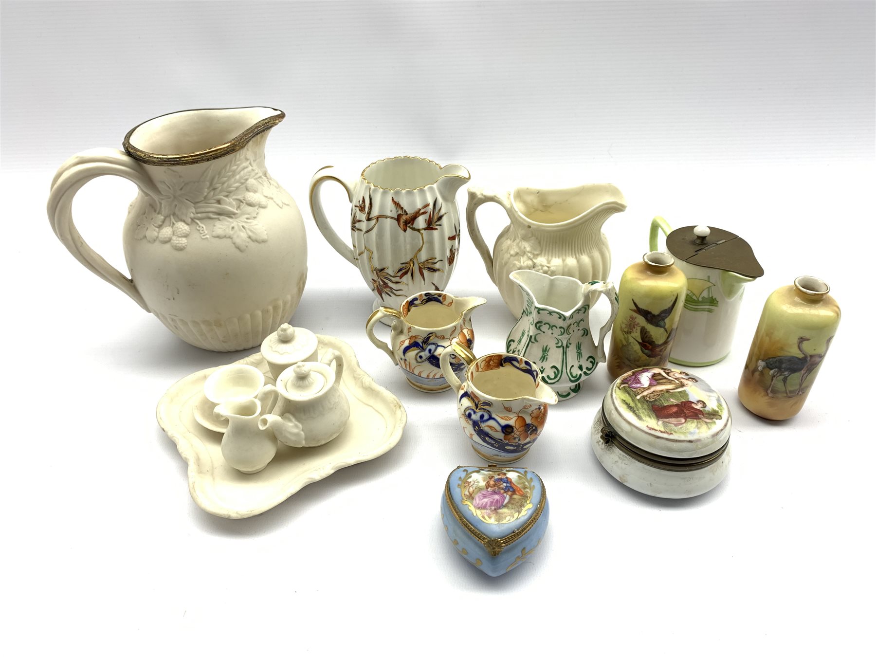 Dolls Parian ware tea set, six pieces, Victorian Parian 'Society of Art prize jug', small Parian jug - Image 3 of 4