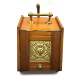 Edwardian oak coal box with hinged front, brass handle and front panel with shovel W31cm