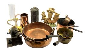 Various 19th Century and later copper and brass pans, cast metal oil lamp by the Lamp Manufacturing