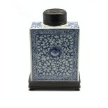 Chinese blue and white tea caddy of rectangular form with hardwood cover and stand H18cm,