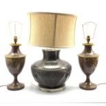 Pair of urn form table lamps together with a large modern table lamp with textured design and brown