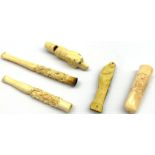 19th Century carved bone whistle modelled as a hounds head L6cm, Japanese ivory cheroot holder, two