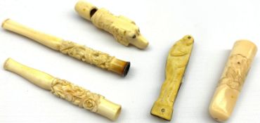 19th Century carved bone whistle modelled as a hounds head L6cm, Japanese ivory cheroot holder, two