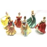 Six Royal Doulton figures including Ninette, Fair Lady (Red), Alexandra, Sarah, Winsome and Summer S