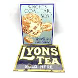 'Lyons' Tea Sold Here' single sided enamel sign 30cm x 46cm and a modern sign 'Wrights Coal Tar Soap