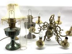Brass six light electrolier, two oil lamps and four various table lamps