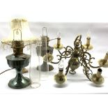 Brass six light electrolier, two oil lamps and four various table lamps