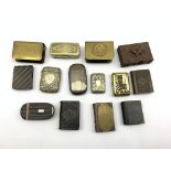 19th century horn cushion shape snuff box, two Trench Art match box holders and a number of vesta ca