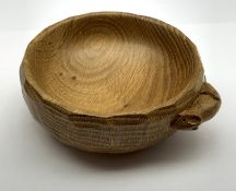 'Mouseman' small adzed oak nut dish by Robert Thompson of Kilburn, D12cm