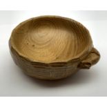 'Mouseman' small adzed oak nut dish by Robert Thompson of Kilburn, D12cm