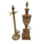 Modern classical urn form table lamp, H59cm, another with reeded column and leaf top and a pair of e