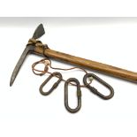 Austrian ice axe by Stubai with wooden shaft L83cm and three carabiner by the same maker