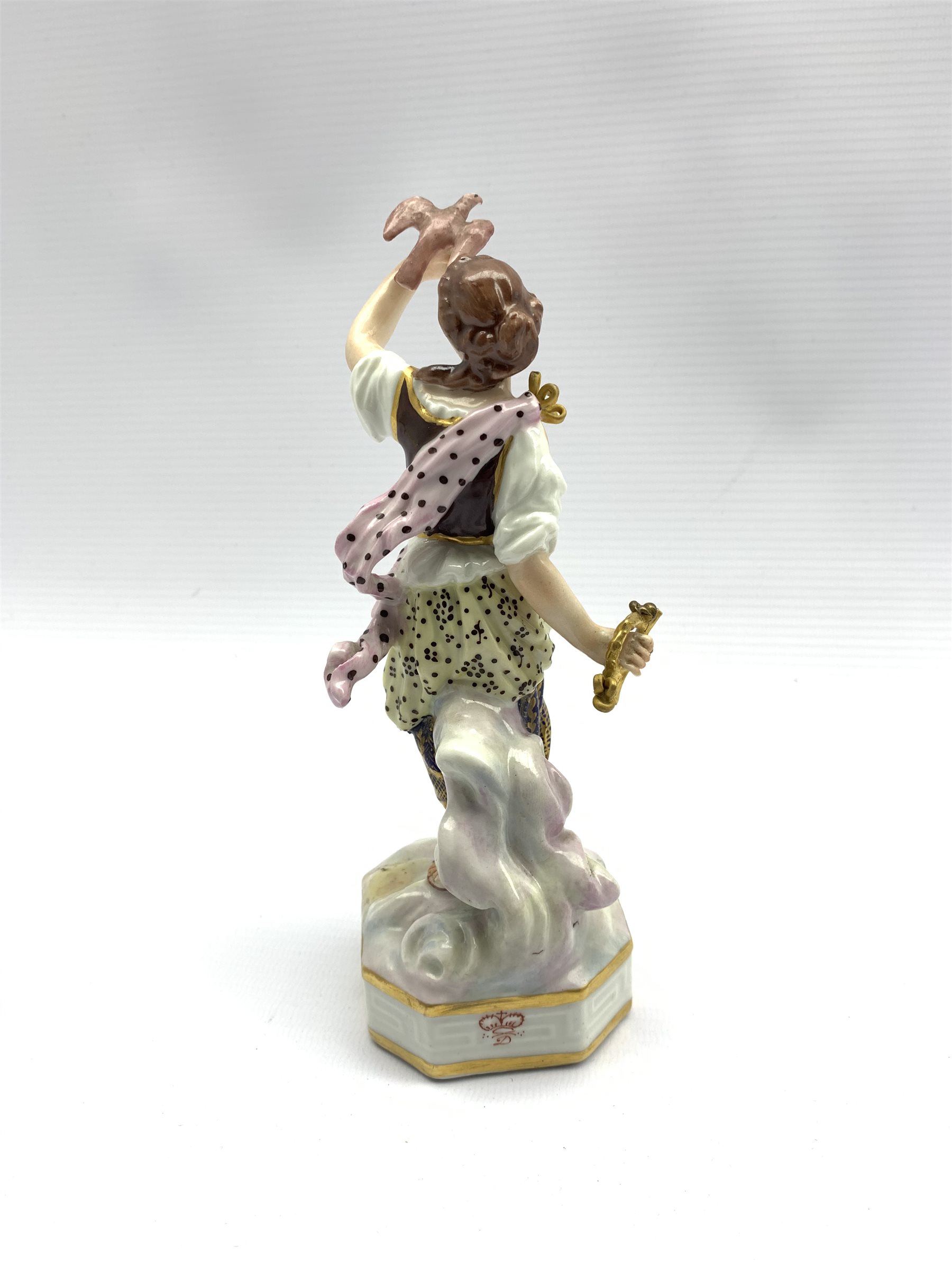 18th century Derby figure of 'Air' from the Elements series holding a bird in one hand and a bugle - Image 4 of 8
