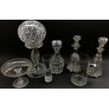 Pair of Victorian glass bell shape decanters, cut glass decanter, cut glass table lamp and shade, gl