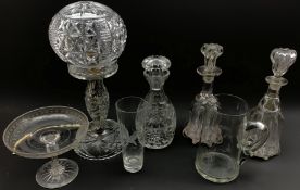 Pair of Victorian glass bell shape decanters, cut glass decanter, cut glass table lamp and shade, gl