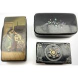 19th Century papier mache snuff box painted with a 17th Century interior scene L8cm and two other pa