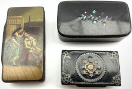 19th Century papier mache snuff box painted with a 17th Century interior scene L8cm and two other pa