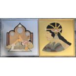 Pair of Art Deco design Applique silk panels of Cleopatra, 46cm x 46cm