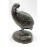 Japanese Meiji bronze Quail Koro, the birds head turned backwards, the cover formed as feathers, sig