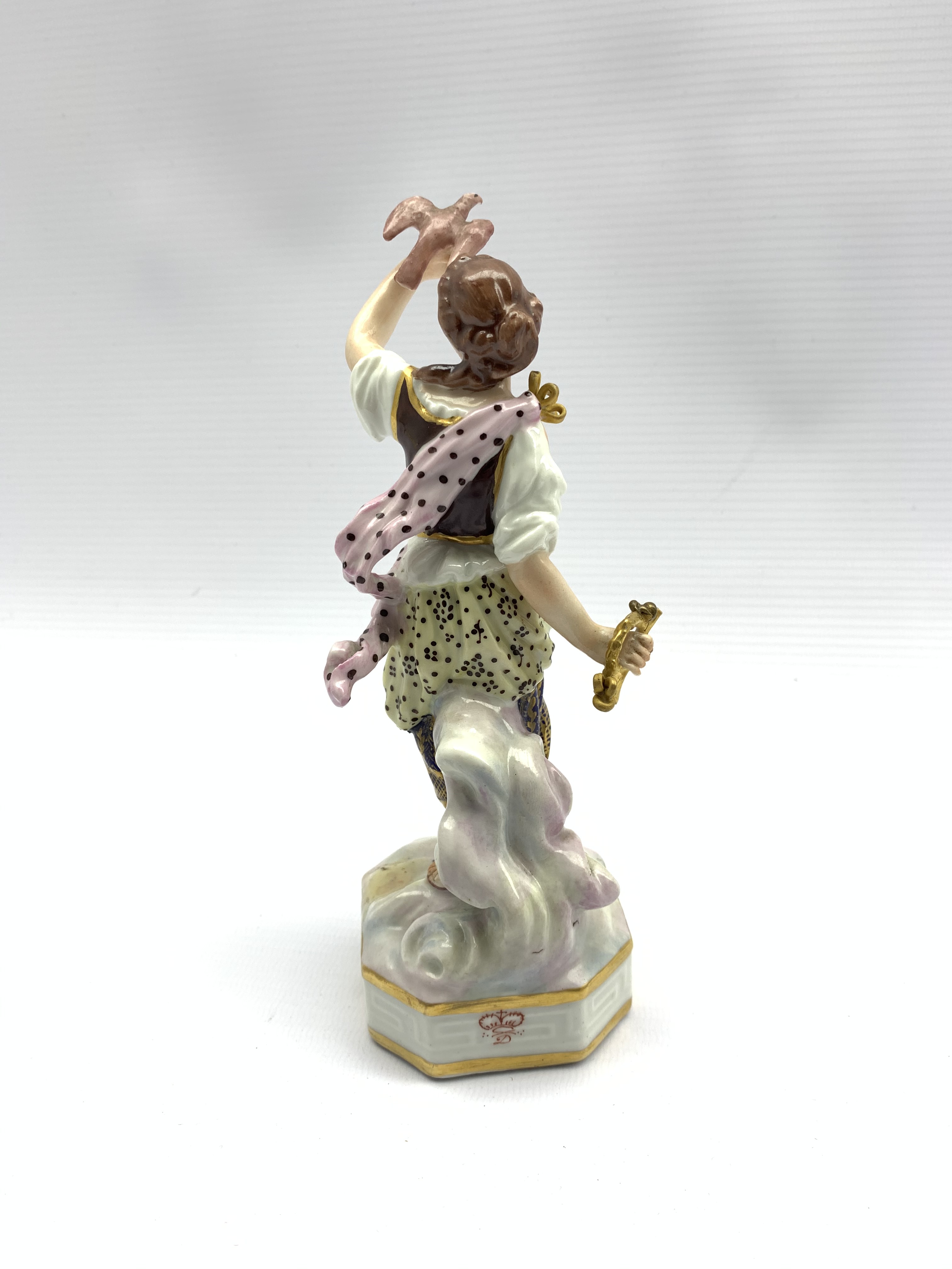 18th century Derby figure of 'Air' from the Elements series holding a bird in one hand and a bugle - Image 7 of 8