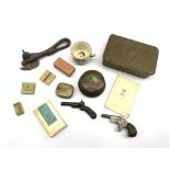 WWI Princess Mary gift tin with original card, three packets of miniature cigarettes, miniature Fiel
