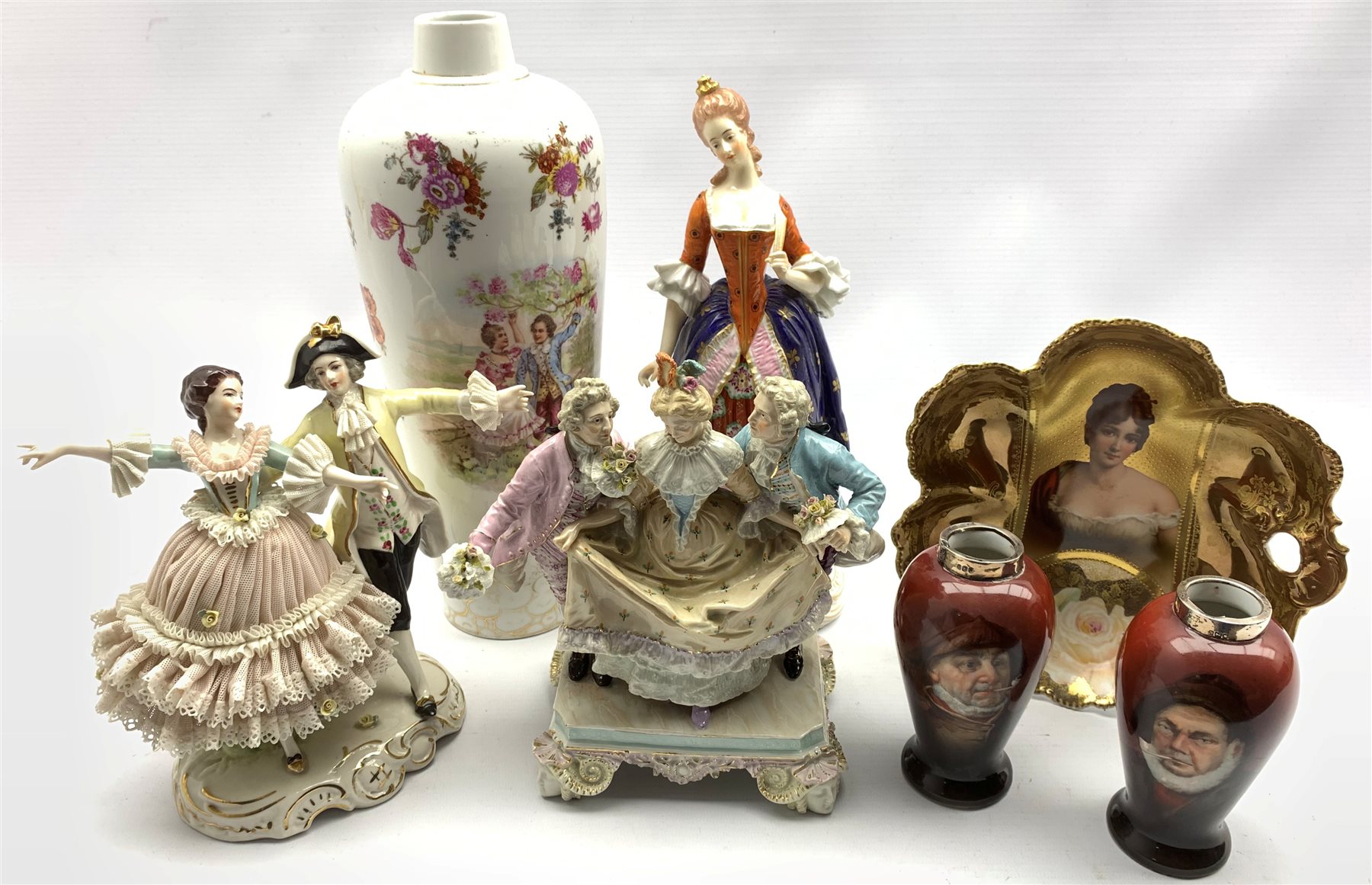 German porcelain group of three courtly figures H20cm, modern Dresden figure group, pair of small va - Image 2 of 6