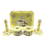 19th Century Berlin inkstand painted with panels of birds and insects on a yellow ground with inkwel