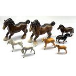 Two Beswick cantering Shire horses in brown gloss No. 975, Beswick Shetland pony No. 1648, a Shetla