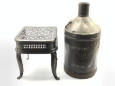 Motor oil can by Wakefield & Co, 59cm and a 19th Century wrought iron footman